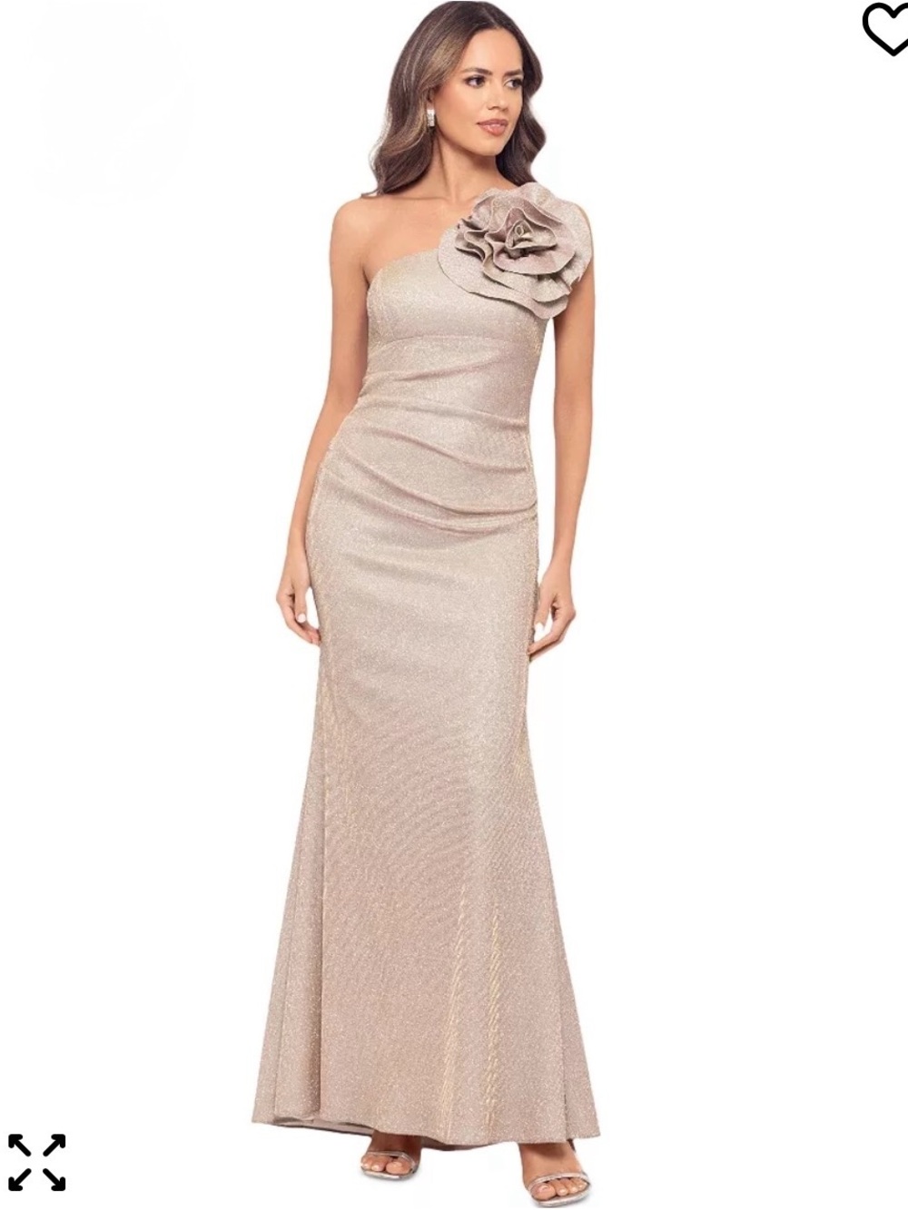 Betsy & Adam One-Shoulder Floral Appliqué Gown in Champagne Blush Size 12